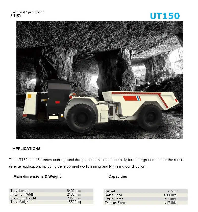 UT120 / UT150 / UT200 Underground mining truck 12 tons 15 tons 20 tons Underground articulated mining Truck